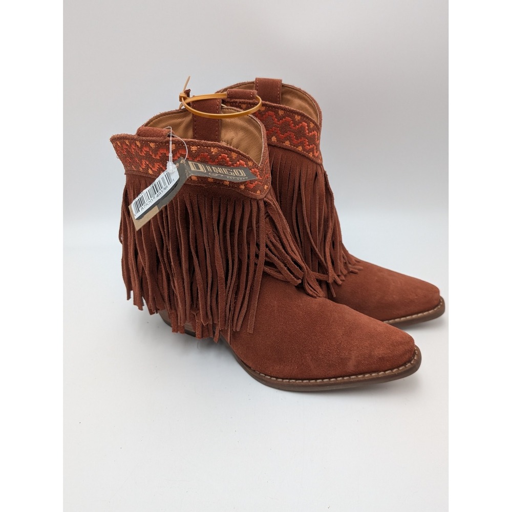 Dingo Boots Women 8 Rust Peep DI2181‎ Suede Fringe Western Cowgirl Ankle Booties